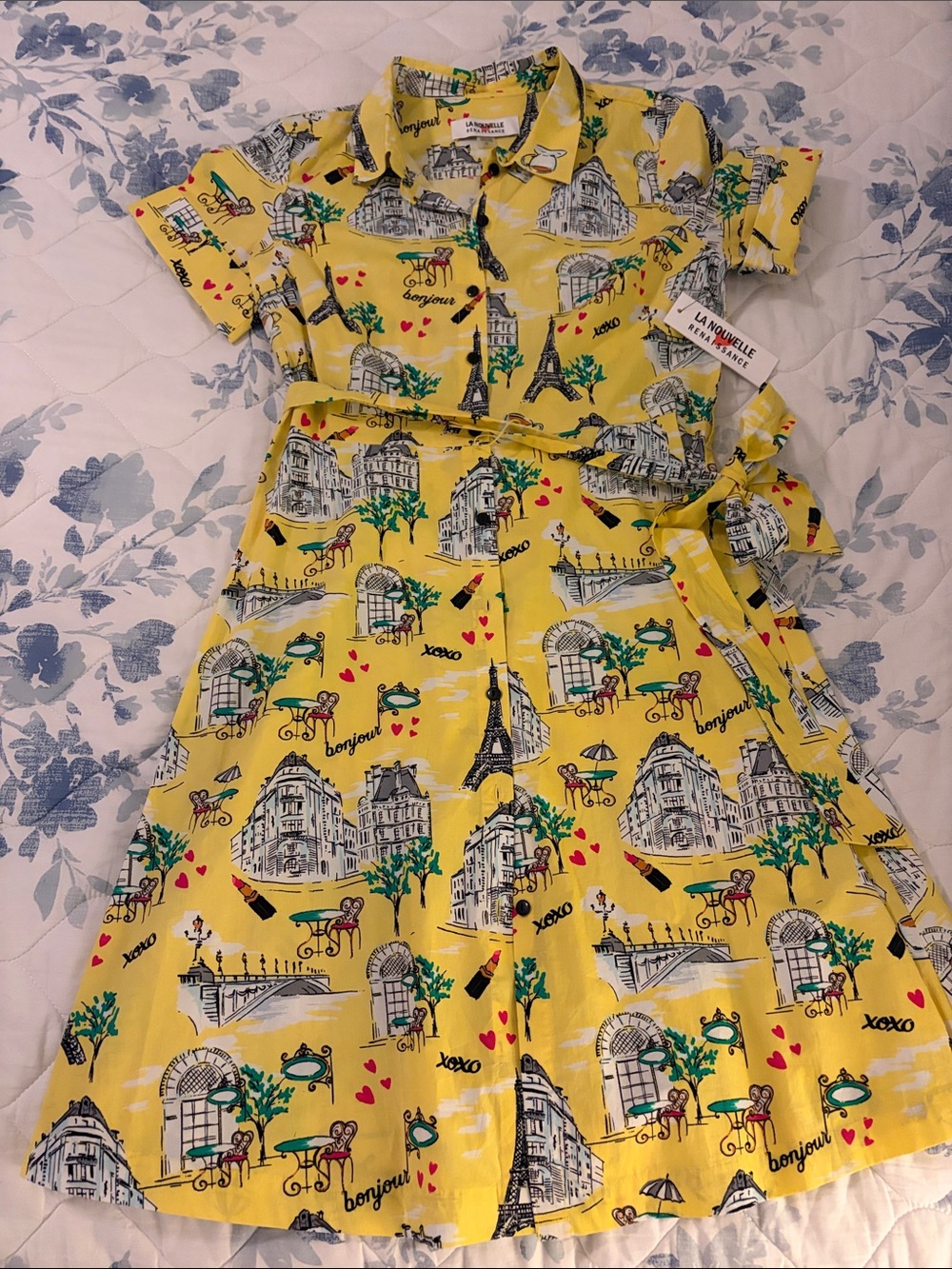 La Nouvelle Yellow Paris Print Shirt Dress